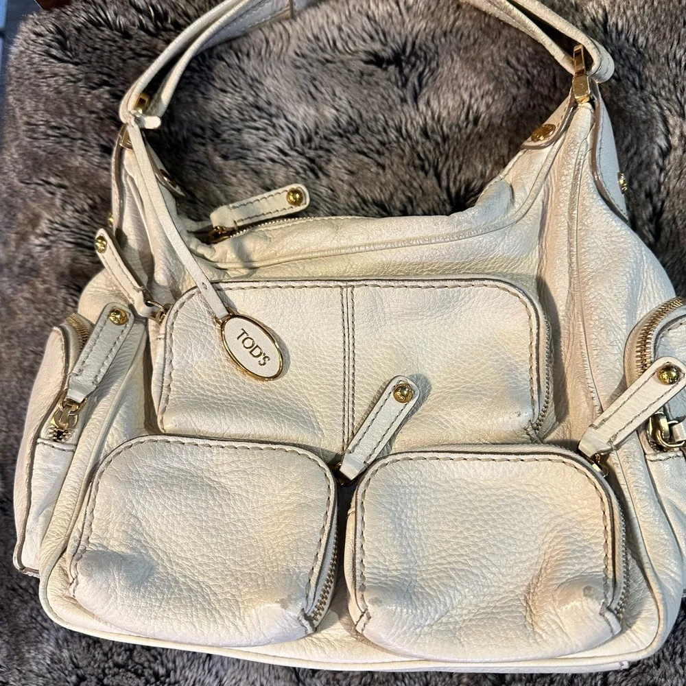 TOD’S Authentic Leather Cream/White Zippered Pockets Designer Satchel Bag